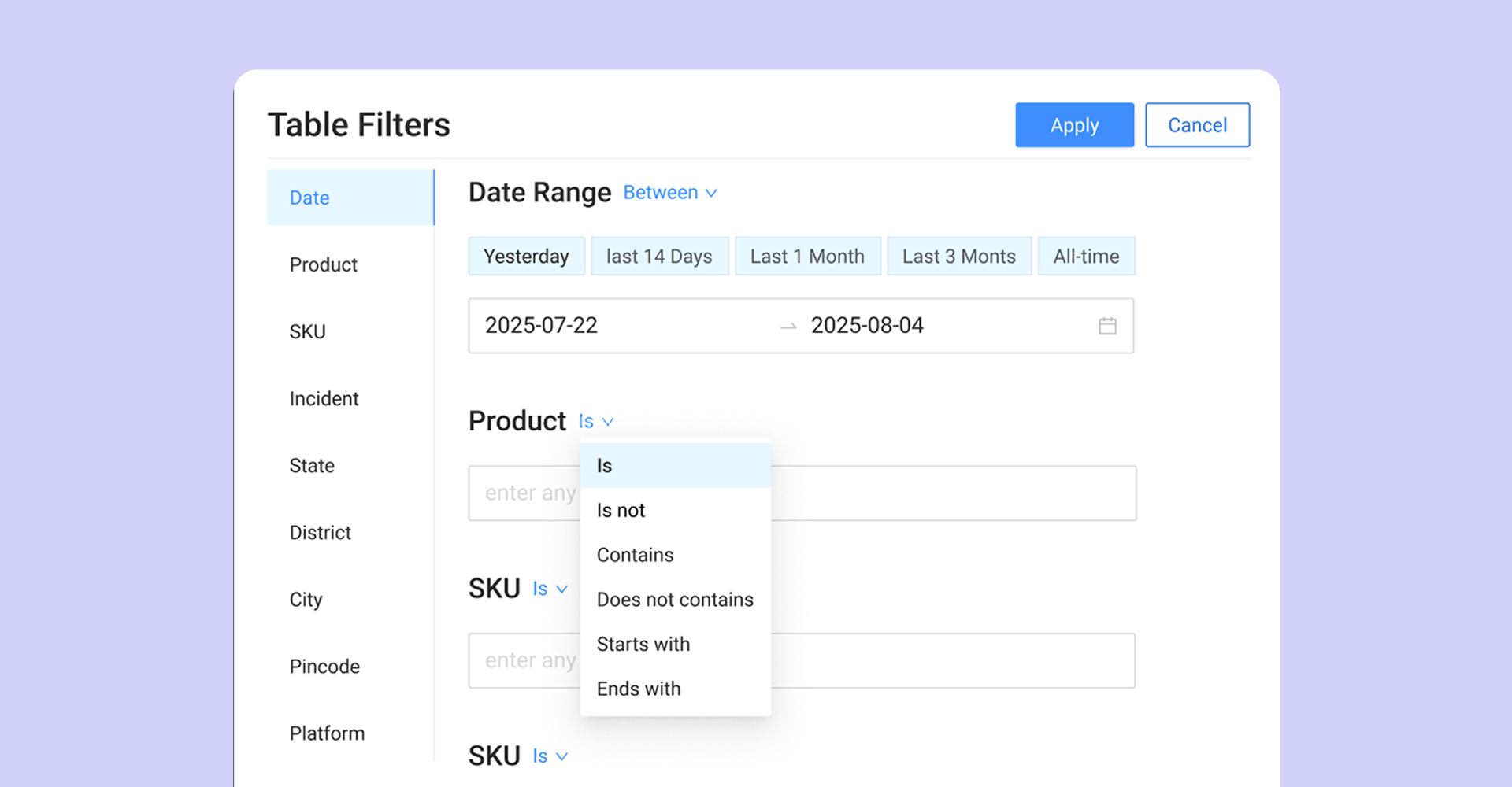 Mid-fidelity chip filter exploration with operator dropdowns for product, SKU, and location fields