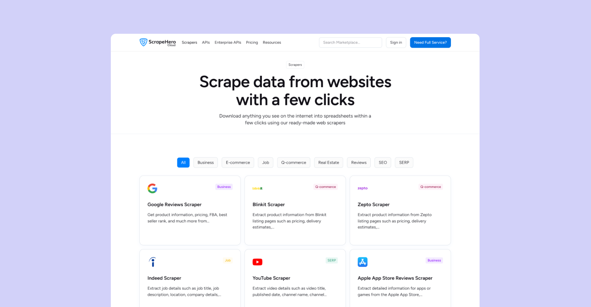 ScrapeHero Cloud and Marketplace overview showing the self-serve interface