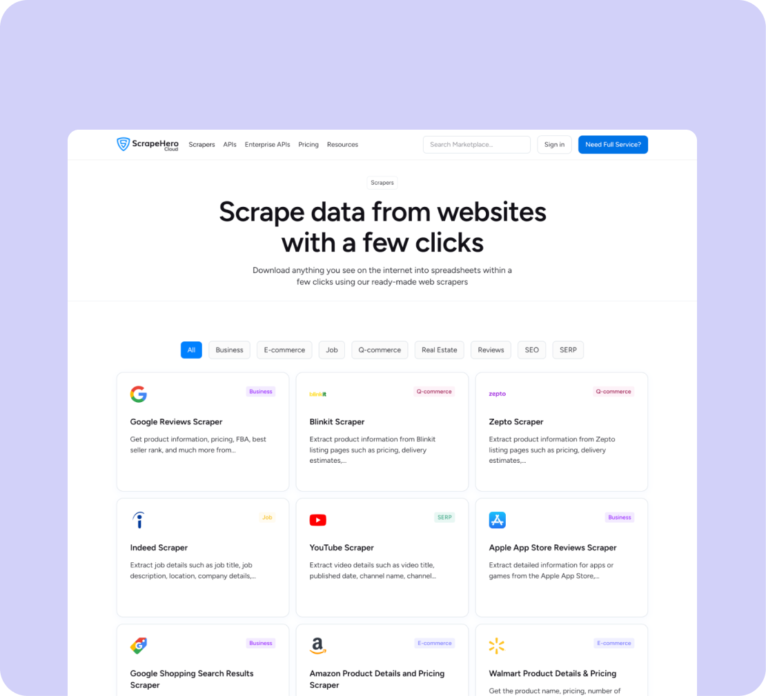 ScrapeHero Cloud marketplace listing scrapers and APIs