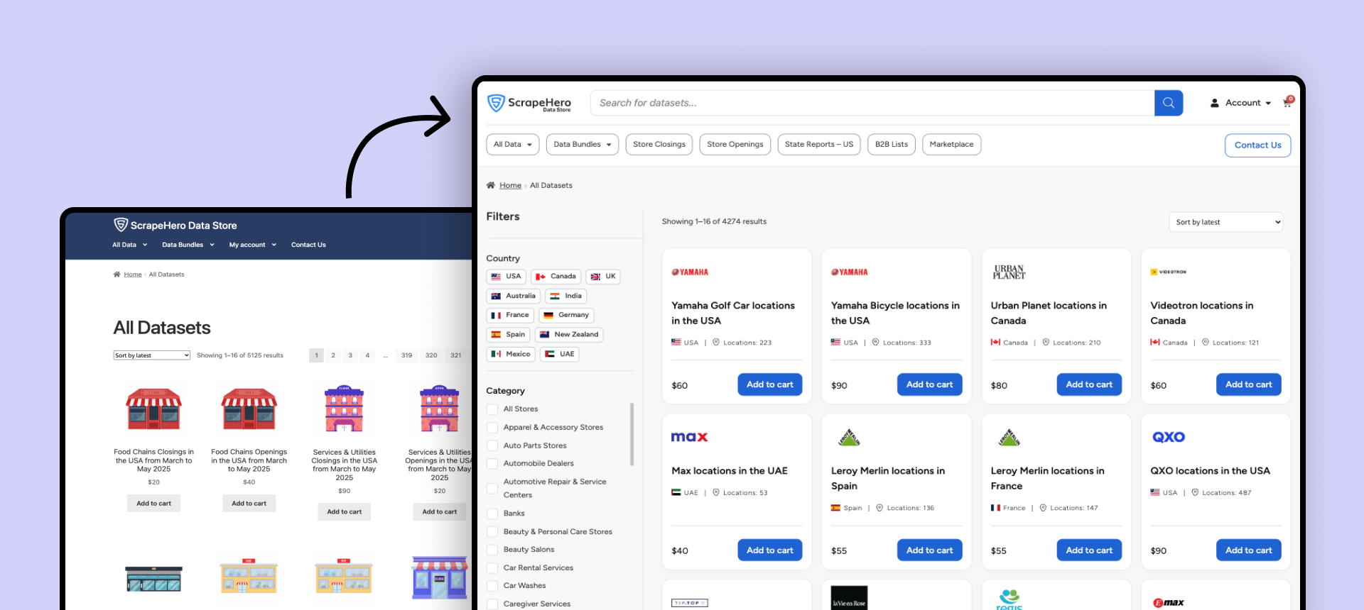 The redesigned ScrapeHero Data Store listing page with metadata-rich dataset cards